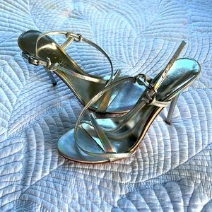 Silver strappy high heeled sandals